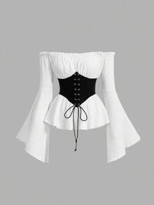 SHEIN MOD Plus Size Hollow Out Flared Sleeve Contrast Tie Corset Waist Vintage Blouse, Fall Top - Black and White - View 1