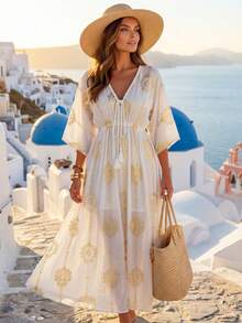SHEIN Holidaya New Fashion Versatile Casual Drawstring Foil Print French Style Vacation Dress For Women Women Vacation Dress Boho Summer Dress Women Mediterranean Style Clothes Greece Vacation Outfits Women Italy Summer Dress - White - View 7