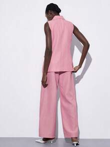 Aveloria Modichic New Fashionable Women's Asymmetric Buckle Long Straight Lapel Sleeveless Vest And Pants Suit Set - Pink - View 2