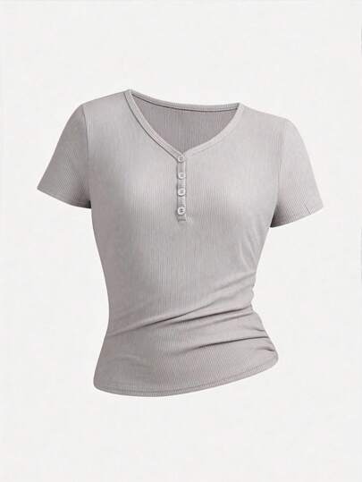 SHEIN Girlism Teen Girls V-Neck Button Knit Short Sleeve T-Shirt, Sweet Cute Minimalist Versatile Casual Daily Mid-Length Tee