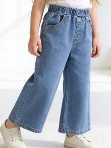 少女牛仔夏季/春季柔軟學院風水洗百搭彈性腰前口袋寬鬆直筒藍色牛仔褲 - 藍色 - 查看 9