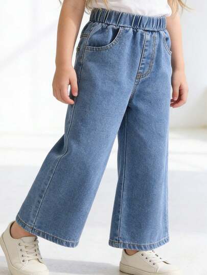1pc Girls Casual School Style Washed Cotton Blue Denim Straight Leg Pants