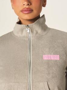 Missguided x Playboy Crop Fit Zip Up Towelling Jacket With Front Centre Pock - Grey - View 3