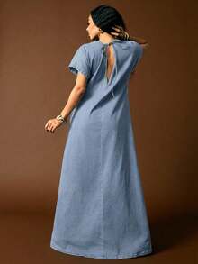 Vixey Đầm maxi denim tay bồng vai rớt cổ chữ V khoét sâu phía sau - Rửa nhẹ - Xem 2