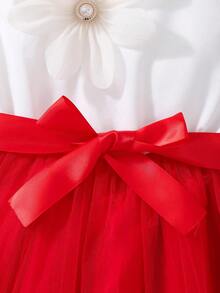 女童甜美公主风红白撞色荷叶袖连衣裙，饰有3D立体花朵和珍珠，配蝴蝶结腰带和薄纱，适合生日派对、聚会、日常穿着，春夏皆宜。 - 紅色 - 查看 6