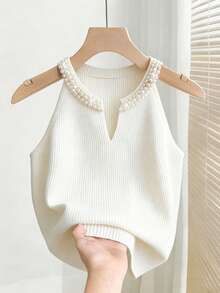 Franclia 新款春夏欧美风修身仿珍珠奢华露背针织上衣，优雅女士日常通勤、派对、聚会场合皆宜 - 白色 - 查看 8