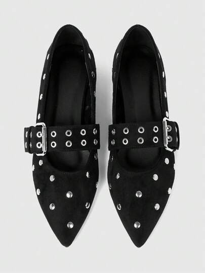 ROMWE Grunge Punk Women's Pointed Toe Casual Flat Shoes, Rivet Decor Perforated Versatile & Comfortable Everyday Wear