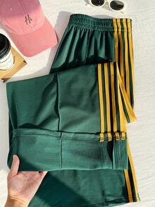 Comfortcana Plus Size Striped Elastic Waist Straight Loose Casual Pants Green Track Pants Women's Track Pants - Green - View 7