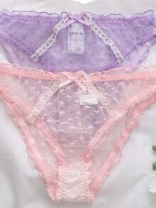 Lavender & Soft Pink Heart Mesh Patchwork Bow French Romantic Frill Trim Triangle Panties - Multicolor - View 5