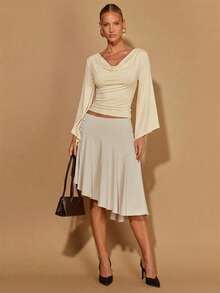 COSMINA Áo thun nữ tay dài dáng lửng, cổ xếp ly, màu trơn - Màu be - Xem 4