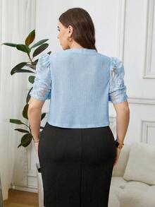 Reflora Plus Size Women's Thin Jacket, Khaki Color, Sleeve Contrast Lace Design, Short Style, Versatile & Elegant Fall - Baby Blue - View 2