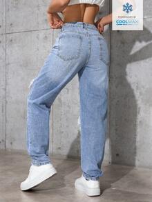 SHEIN ICON Celana Jeans Denim Wanita Kasual Sehari-hari dengan Saku Miring dan Model Sobek - Light Wash - View 3