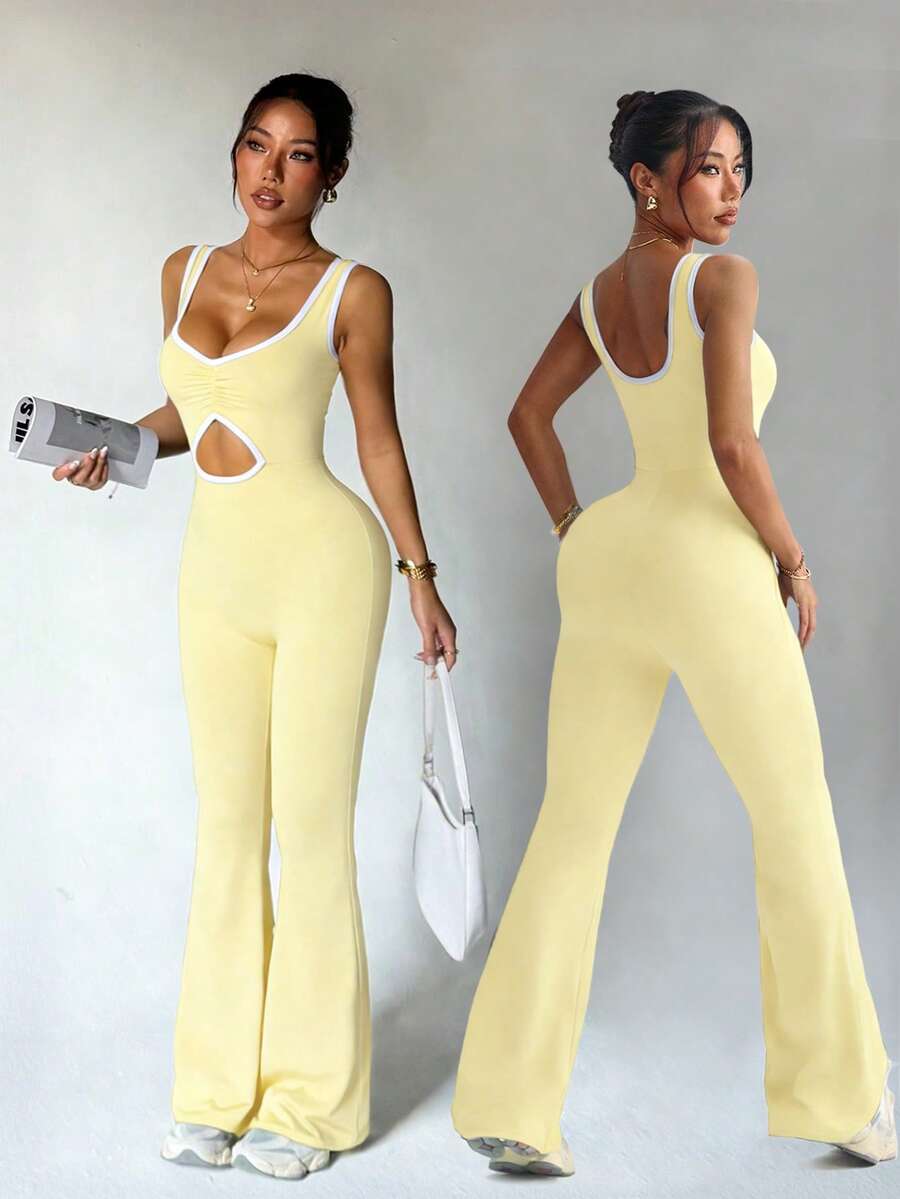 Dewbera Bộ jumpsuit ống loe cho mùa xuân/hè, thiết kế xếp ly khoét rỗng phối màu tương phản phía trước, cạp cao, cổ chữ U, lưng chữ U, phù hợp cho mặc thường ngày, tập gym, yoga, chạy bộ. - Màu vàng - Xem 1