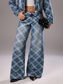 TRNVIE 时尚休闲菱格纹中腰阔腿牛仔裤 - 中等水洗藍 - 查看 7