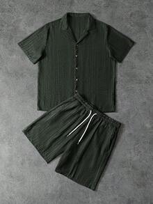 PAVTROS 2 pezzi/set Camicia con bottoni e pantaloncini tinta unita da uomo, abbigliamento casual da marito per vacanze, adatto per vacanze, spiaggia, tempo libero quotidiano, set casual a maglia estivo da uomo in due pezzi, set casual da resort in lino da uomo, completo da passeggio in lino da uomo per vacanze - Verde militare - Visualizzare 4