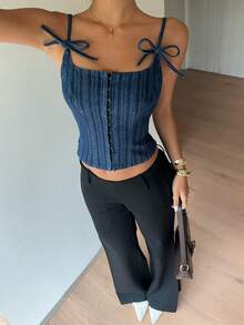 Siren Gaze Áo hai dây denim buộc dây kiểu dáng thường ngày dành cho nữ, thích hợp cho mùa hè. - Rửa trung bình - Xem 2