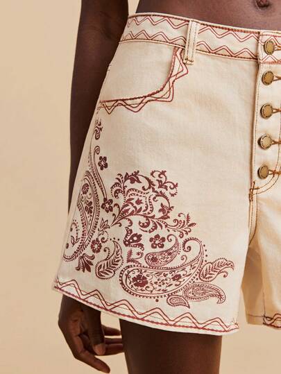 Travachic Women's Khaki Denim Shorts, Retro Print, Low-Rise A-Line Shorts, Perfect For Summer Vacation Wear, Retro Casual Shorts.Comfortable 100% Cotton Denim