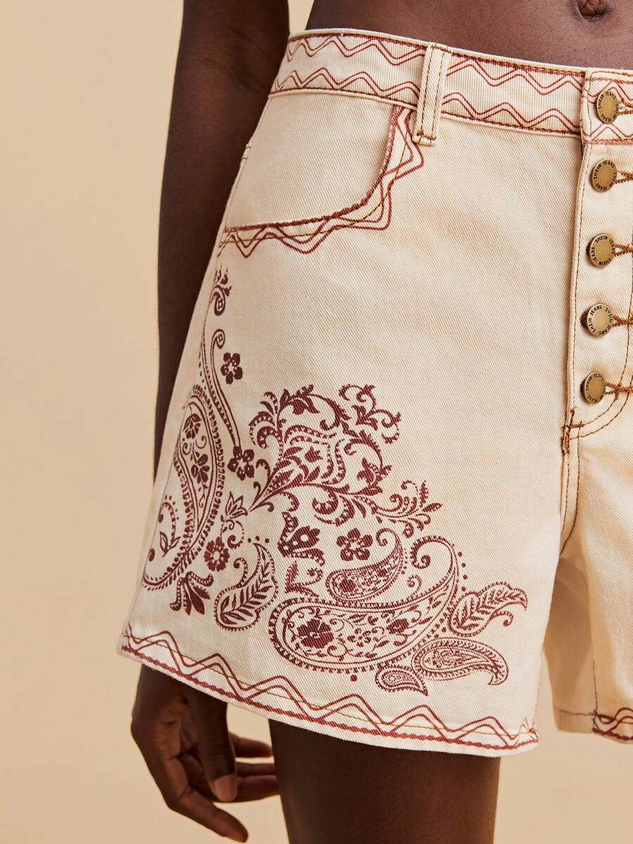 Travachic 女士休闲宽松牛仔短裤，腰果印花，纽扣门襟和口袋 - 卡其色 - 查看 1