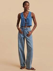 Travachic Women's V-Neck Front Tie Fashionable Denim Vest - Medium Wash - View 7