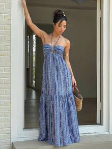 Sunnyshic Đầm maxi in họa tiết tối giản dành cho nữ, thích hợp mặc hàng ngày. - Blue Day - Xem 6