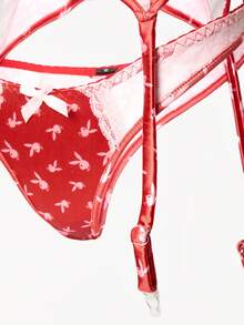 Missguided x Playboy Bunny Print Lace Trim Underwire Padded Bra With Matching High Waisted Garter Belt Panty Set Valentine's Day - Multicolor - View 3