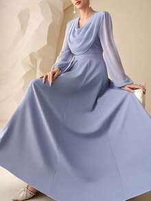 Modelyn 2pcs Blue Elegant Draped Neck Long Sleeve Outfit For Women Dress Modest Long Sleeve Elegant Dress - Blue - View 7