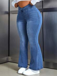 Flexra Plus Size Women's Fashionable Casual Washed Flare Jeans - Blue - View 9