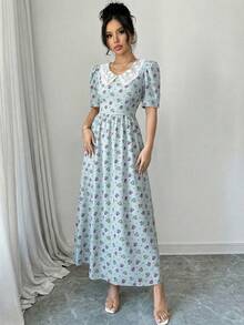 Modelyn 女士彼得潘领印花荷叶边优雅收腰长款派对连衣裙 - 藍色 - 查看 5