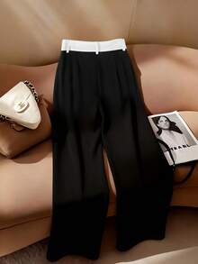 Franclia Women's Elegant White Flared Monochrome Casual Slim Straight Leg Pants - Black and White - View 2