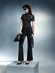 Airlisse 女士不对称网眼拼接喇叭裤，春夏款 - 黑色 - 查看 7