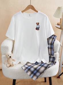 Men's Casual Bear Print Plaid Short Sleeve Top And Elastic Waist Pants 2 Pieces Loungewear Set, Spring/Summer - Multicolor - View 7