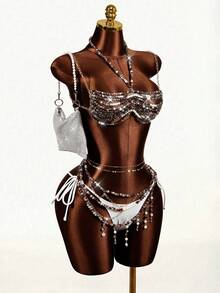 Sirith Conjunto de bikini con parte delantera anudada, espalda descubierta y cristales, estilo de vacaciones en la playa - Marrón - Ver 6