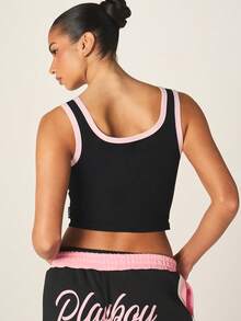 Missguided x Playboy Kontrastfarbige Bindung, quadratischer Ausschnitt, Träger-Top, geripptes ärmelloses Tanktop, Sommer Basis Layering Essentiell, Lässig Fitted Crop Stil - Schwarz - Übersicht 2