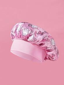 HELLO KITTY AND FRIENDS | SHEIN Aufgerüstete doppelschichtige Damen-Haarpflegekappe in Pink, breite elastische Satin-Schlafkappe mit Cartoon-Katzen-Muster, weich & bequem für den täglichen Gebrauch Zuhause, Schlafen - Pink - Übersicht 2