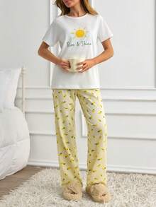 SHEIN Mediterranean Chic: 'Rise & Shine' Sun Graphic Tee & Allover Lemon Print Wide-Leg Pajama Set - Yellow - View 3