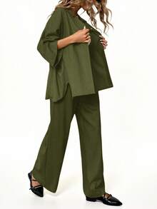 Aveloria Modichic 2件套 女士混纺侧开衩宽松衬衫和高腰阔腿裤 优雅商务休闲女装 - 軍綠色 - 查看 3