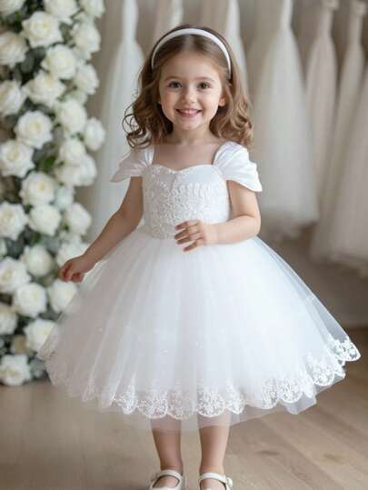 Glamorique Kids 花童生日派对婚礼正式礼服，女婴公主蕾丝缎面薄纱蓬蓬裙，配可拆卸蝴蝶结，适合正式场合、舞台表演、钢琴演奏会、派对、拍照、夏季，欧美风格