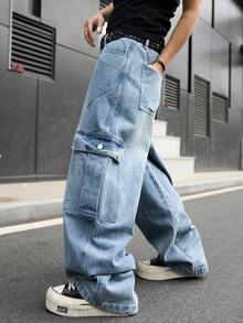 Manfinity EMRG Men's Casual Street Style Multi-Pocket Distressed Flared Leg Blue Jeans - Light Wash - View 7