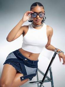 Denimoi Minifalda de mezclilla con dobladillo crudo y solapa delantera, atuendos de moda para conciertos, faldas sexys - Azul lavado oscuro - Ver 3