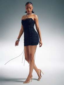 Denimoi Lace Up Denim Tube Dress Denim Mini Dress Short Denim Dress Fashion Sexy Dresse Concert Outfits - Dark Wash - View 3