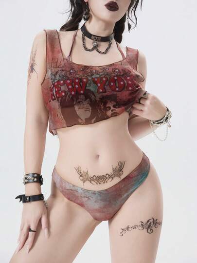 ROMWE Goth 三件套：扎染挂脖比基尼泳衣和字母印花罩衫，夏季海滩度假