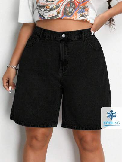 SHEIN ICON 大码夏季休闲纯色斜口袋直筒牛仔短裤