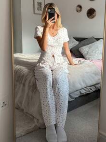 DAZY Sweet Bow Decor Floral Lace Patchwork Women Pajama Set - White - View 4