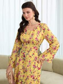 Al Najma Đầm dài tay buộc dây in hoa toàn thân kiểu Ả Rập, kiểu dáng maxi Kaftan Jalabiya dáng chữ A thanh lịch, thích hợp cho tiệc tối/đám cưới/kỷ niệm. - Màu vàng - Xem 6