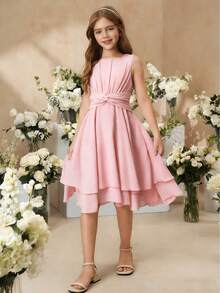SHEIN Đầm midi không tay màu tím nhạt thanh lịch, đáng yêu dành cho bé gái tuổi teen, thích hợp cho các bữa tiệc, kỳ nghỉ, dịp trang trọng, đám cưới, sinh nhật, biểu diễn và các sự kiện khác. - Hồng - Xem 6