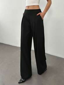 SHEIN Tall 女士纯色直筒褶裥口袋宽松休闲裤黑色阔腿裤宽松裤黑色正装裤，秋季款 - 黑色 - 查看 7