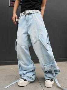 Manfinity EMRG Men's Casual Streetwear Multi-Pocket Distressed Denim Jeans - Light Wash - View 6