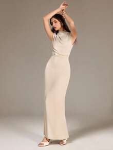 SHEIN Tall 女士优雅简约休闲日常通勤度假时尚新款立领垂袖收腰杏色长裙 - 杏色 - 查看 3