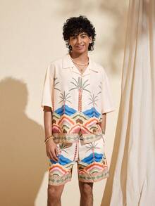 Felipe Marques 男士夏威夷棕榈树印花衬衫短裤套装，夏季度假 - 彩色 - 查看 4