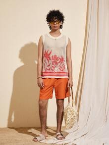 Felipe Marques Chaleco holgado de punto con estampado floral y color contrastante para hombre, casual para otoño, invierno, primavera, vacaciones, fiesta en la playa, resort de isla - Albaricoque - Ver 5